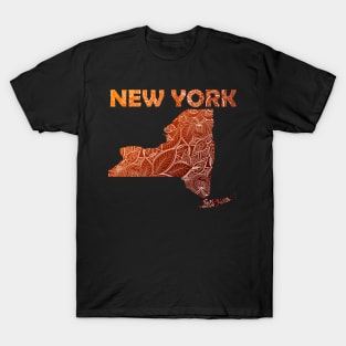 Colorful mandala art map of New York with text in brown and orange T-Shirt